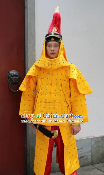 Traditional China Beijing Opera Qing Dynasty General Costume Helmet and Armour, Ancient Chinese Peking Opera Manchu Imperial Bodyguard Warrior Yellow Clothing