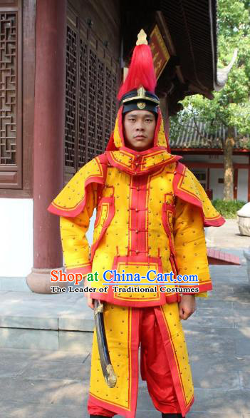 Traditional China Beijing Opera Qing Dynasty General Costume Yellow Helmet and Armour, Ancient Chinese Peking Opera Manchu Imperial Bodyguard Warrior Clothing