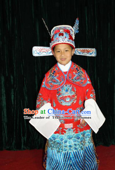 Top Grade Professional Beijing Opera Bridegroom Embroidered Dress, Traditional Ancient Chinese Peking Opera Lang Scholar Embroidery Clothing for Kids