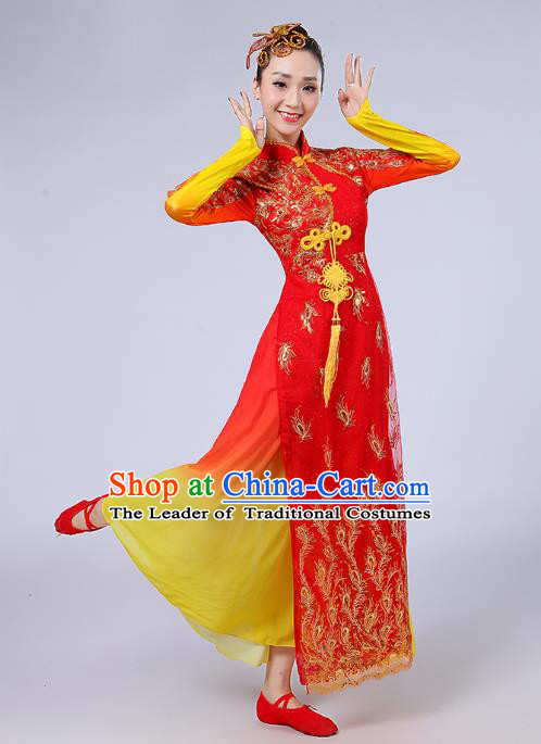 Traditional Chinese Yangge Fan Dancing Costume Modern Dance Dress Clothing and Headwear