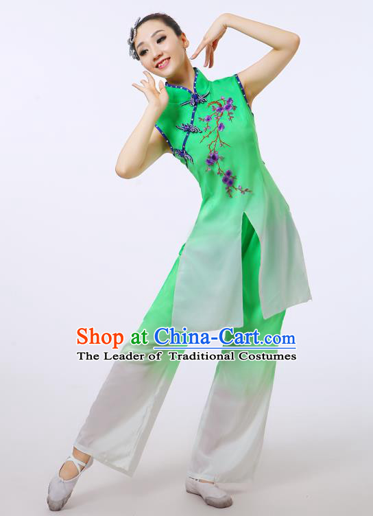 Traditional Chinese Folk Dance Costume Yangge Dance Green Uniform, Chinese Classical Fan Dance Umbrella Dance Yangko Embroidery Cheongsam Clothing for Women
