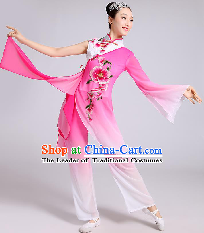 Traditional Chinese Classical Dance Yangge Fan Dance Costume, Chinese Classical Umbrella Dance Pink Uniform Yangko Embroidery Clothing for Women