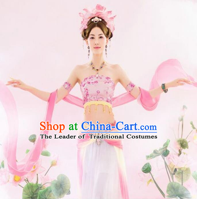 Traditional Ancient Chinese Dunhuang Flying Apsaras Dance Pink Costume, Elegant Hanfu Clothing Chinese Palace Lady Fairy Clothing for Women
