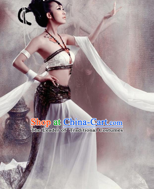 Traditional Ancient Chinese Dunhuang Flying Apsaras Dance White Costume, Elegant Hanfu Clothing Chinese Palace Lady Fairy Clothing for Women