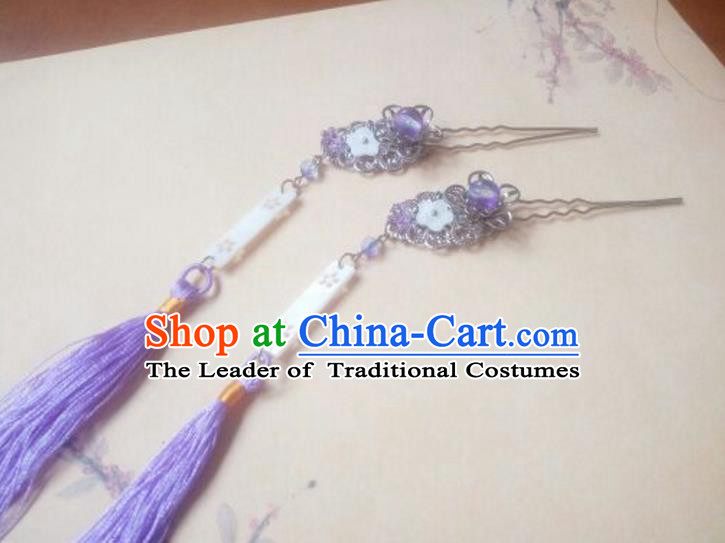 Traditional Chinese Ancient Classical Handmade Hair Accessories Barrettes Princess Purple Tassel Hair Comb, Hanfu Step Shake Hair Fascinators Hairpins for Women