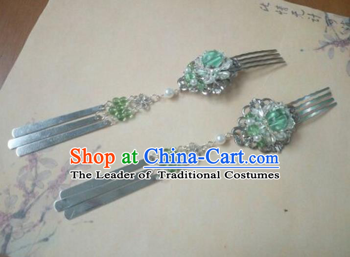 Traditional Chinese Ancient Classical Handmade Palace Lady Lotus Hairpin Hair Accessories, Hanfu Green Bead Tassel Hair Comb Hair Fascinators Hairpins for Women