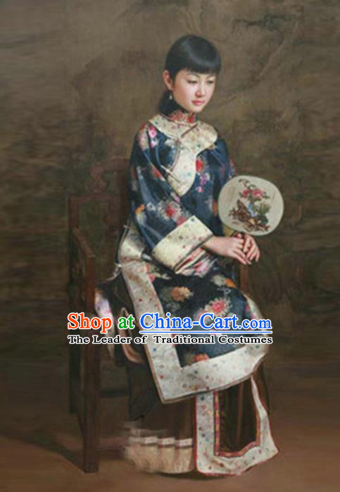 Traditional Ancient Chinese Republic of China Peeresses Costume Navy Xiuhe Suit, Elegant Hanfu Clothing Chinese Qing Dynasty Nobility Dowager Clothing for Women