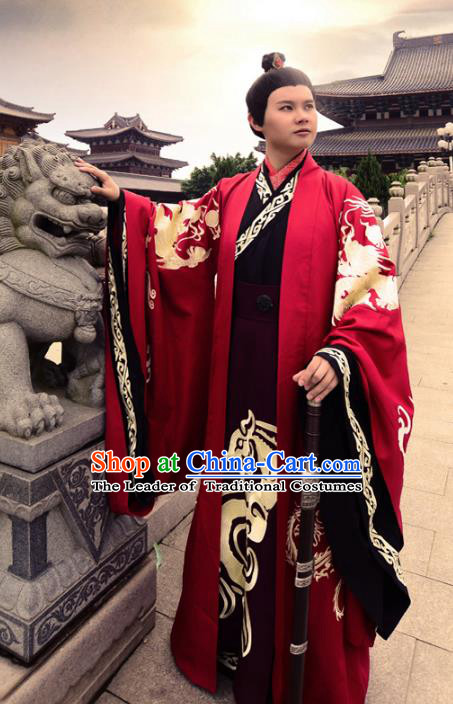 Traditional Chinese Zhou Dynasty Lang Scholar Costume Wedding Red Robe, Elegant Hanfu Chinese Emperor Embroidered Clothing for Men
