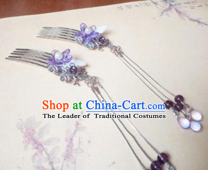 Traditional Chinese Ancient Classical Handmade Palace Princess Purple Flower Hair Accessories, Hanfu Tassel Hair Stick Hair Fascinators Hairpins for Women