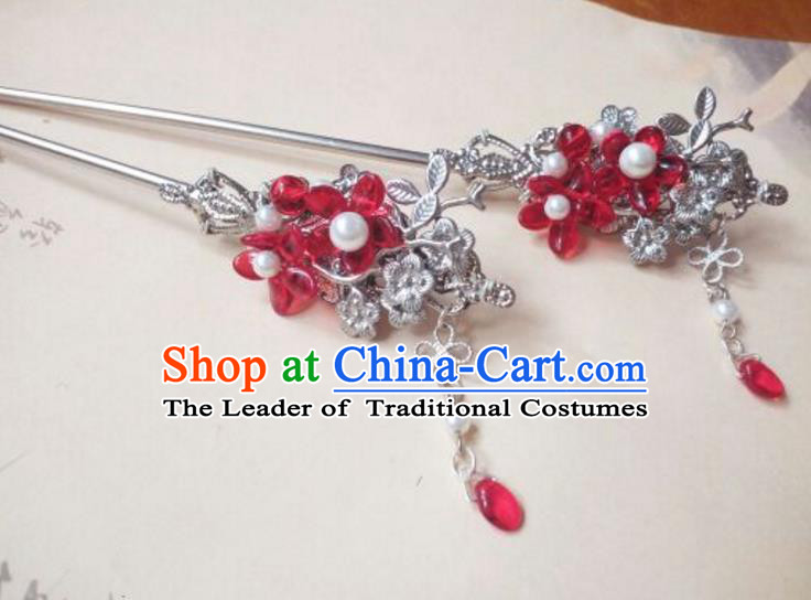 Traditional Handmade Chinese Ancient Classical Palace Lady Red Flower Tassel Hair Accessories Hair Jewellery, Hair Fascinators Hairpins for Women