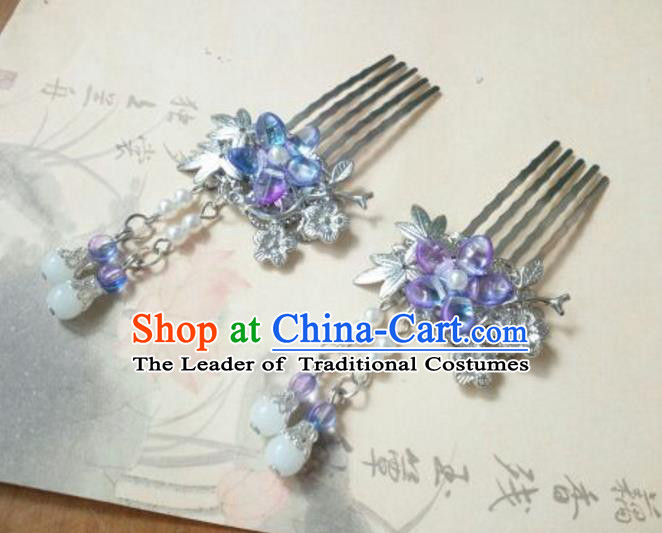 Traditional Handmade Chinese Ancient Classical Palace Lady Hair Accessories Tassel Hair Comb, Hair Fascinators Blue Hairpins for Women