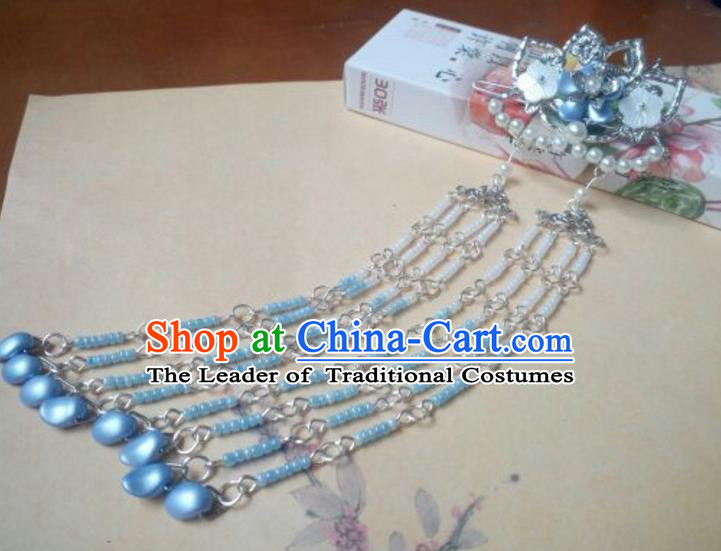 Traditional Handmade Chinese Ancient Classical Palace Lady Hair Accessories Hanfu Blue Beads Hair Comb, Hair Fascinators Hairpins for Women