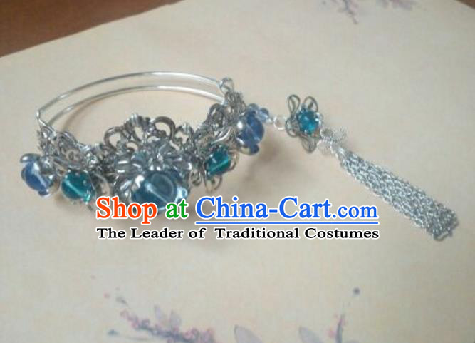 Traditional Handmade Chinese Ancient Classical Palace Lady Accessories Hanfu Bracelet Blue Beads Bangle for Women