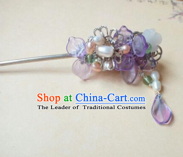 Traditional Handmade Chinese Ancient Classical Hair Accessories Coloured Glaze Hairpin Headwear Palace Lady Purple Hair Stick for Women