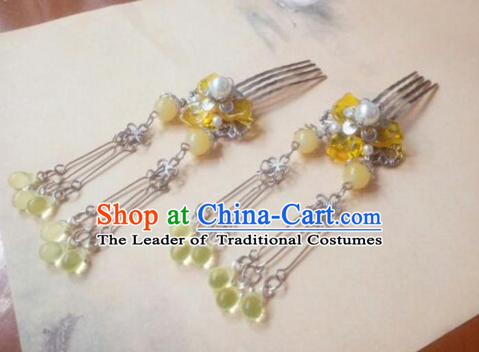 Traditional Handmade Chinese Ancient Classical Hair Accessories Yellow Bead Tassel Hair Comb Headwear for Women