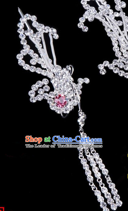 Traditional Beijing Opera Diva Hair Accessories Pink Crystal Phoenix Hairpins Head-ornaments, Ancient Chinese Peking Opera Hua Tan Tassel Step Shake Hair Stick Headwear