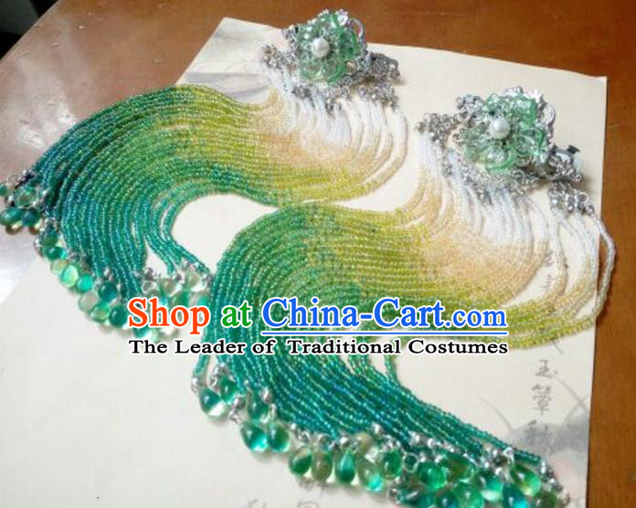 Traditional Handmade Chinese Ancient Classical Hanfu Hair Accessories Green Beads Step Shake, Princess Palace Lady Tassel Hairpins for Women