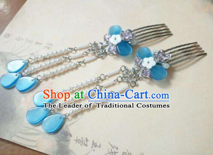 Traditional Handmade Chinese Ancient Classical Hanfu Hair Accessories Tassel Hairpins, Princess Palace Lady Blue Hair Comb for Women