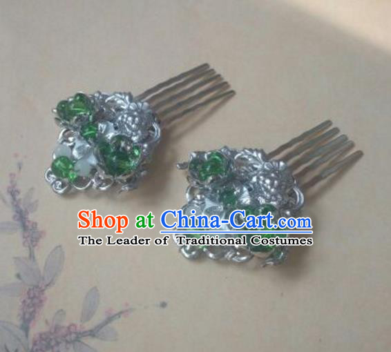 Traditional Handmade Chinese Ancient Classical Hanfu Hair Accessories Hairpins, Princess Palace Lady Green Hair Comb for Women