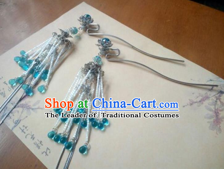 Traditional Handmade Chinese Ancient Classical Hanfu Hair Accessories Blue Tassel Hairpins, Princess Headpiece Step Shake Hair Fascinators for Women
