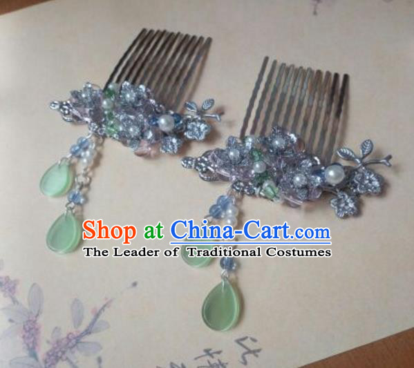 Traditional Handmade Chinese Ancient Classical Hanfu Hair Accessories Green Hair Comb Hairpins, Princess Headpiece Step Shake Hair Fascinators for Women