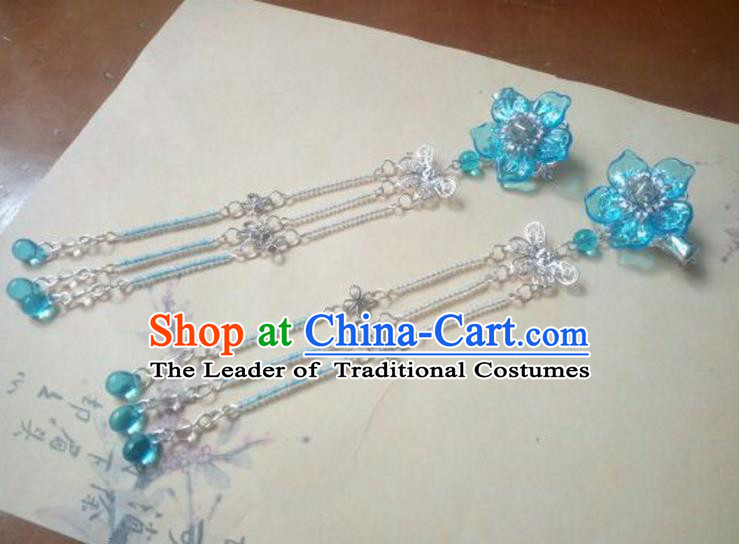 Traditional Handmade Chinese Ancient Classical Hanfu Hair Accessories Palace Lady Blue Flower Tassel Hair Claw, Princess Headpiece Hairpins Hair Fascinators for Women