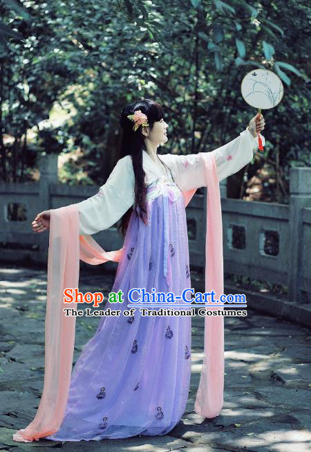 Asian Fashion Oriental China Costume, Elegant Hanfu Clothing Chinese Tang Dynasty Imperial Princess Tailing Embroidered Clothing for Women