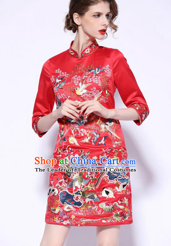 Traditional Top Grade Asian Chinese Costumes Classical Embroidery Cheongsam, China National Middle Sleeve Chirpaur Dress Red Qipao for Women