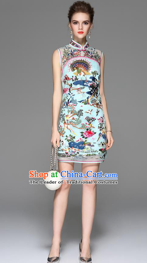 Traditional Top Grade Asian Chinese Costumes Classical Embroidery Cheongsam, China National Blue Chirpaur Dress Qipao for Women