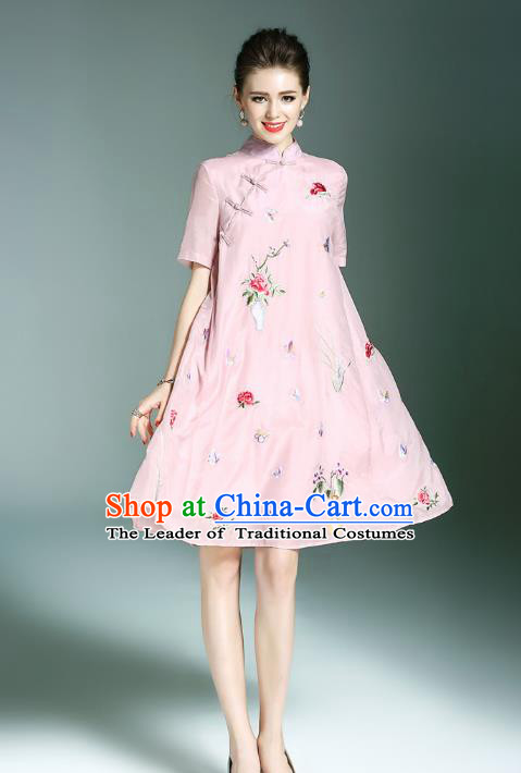 Top Grade Asian Chinese Costumes Classical Embroidery Butterfly Flowers Slant Opening Cheongsam, Traditional China National Pink Chirpaur Dress Plated Buttons Qipao for Women