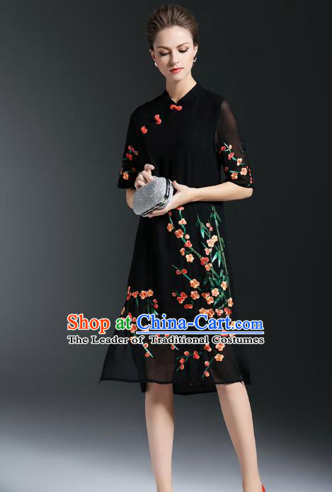 Top Grade Asian Chinese Costumes Classical Embroidery Plum Blossom Slant Opening Cheongsam, Traditional China National Black Chiffon Chirpaur Dress Plated Buttons Qipao for Women