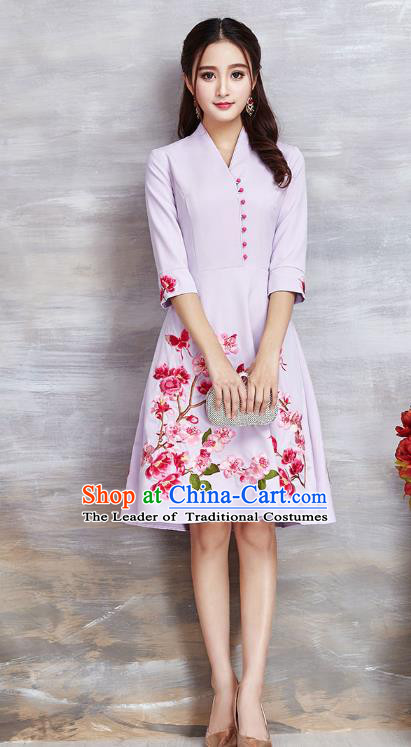 Top Grade Asian Chinese Costumes Classical Embroidery Flowers Lilac Dress, Traditional China National Slant Opening Chirpaur Qipao for Women