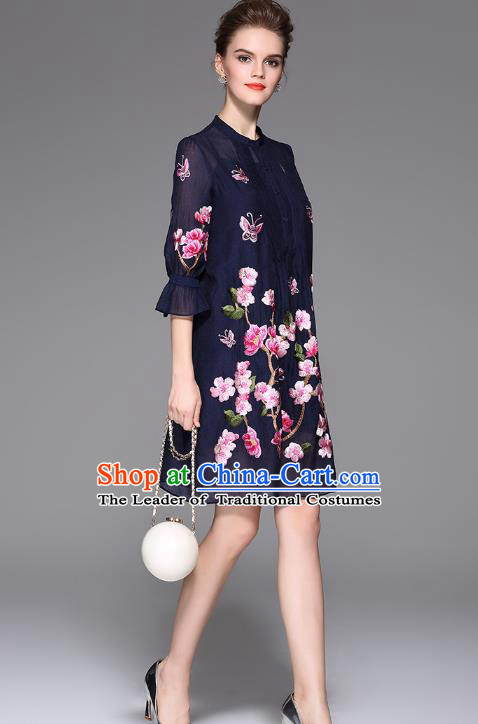 Top Grade Asian Chinese Costumes Classical Embroidery Two-piece Dress, Traditional China National Embroidered Mandarin Sleeve Navy Chirpaur Qipao for Women