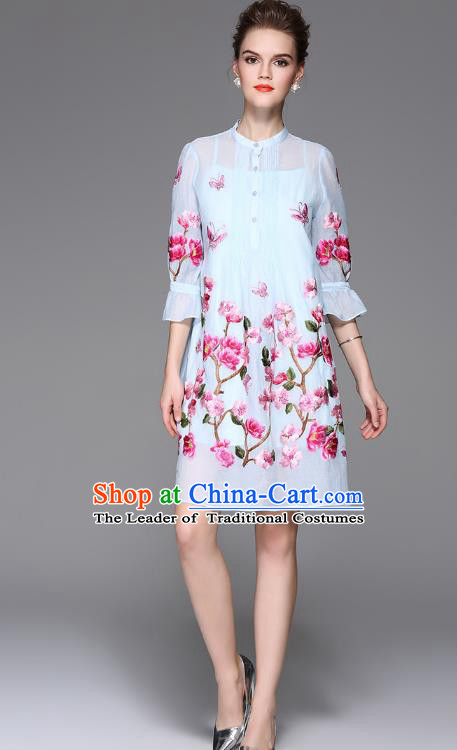 Top Grade Asian Chinese Costumes Classical Embroidery Two-piece Dress, Traditional China National Embroidered Mandarin Sleeve Blue Chirpaur Qipao for Women