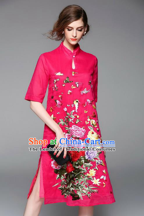 Top Grade Asian Chinese Costumes Classical Embroidery Rosy Dress, Traditional China National Embroidered Chirpaur Qipao for Women