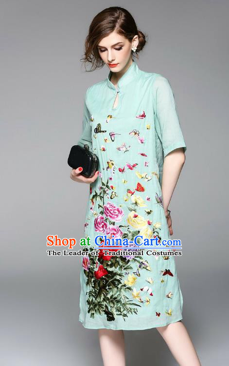 Top Grade Asian Chinese Costumes Classical Embroidery Green Dress, Traditional China National Embroidered Chirpaur Qipao for Women