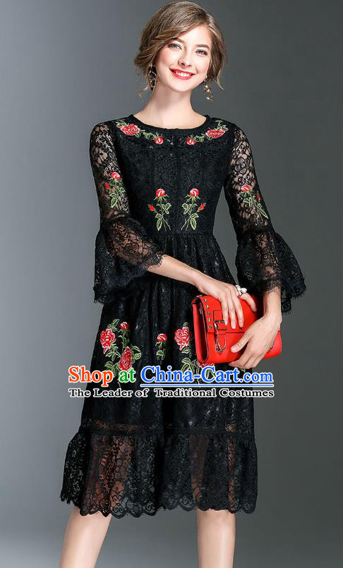 Top Grade Asian Chinese Costumes Classical Embroidery Lace Mandarin Sleeve Dress, Traditional China National Embroidered Clothing for Women