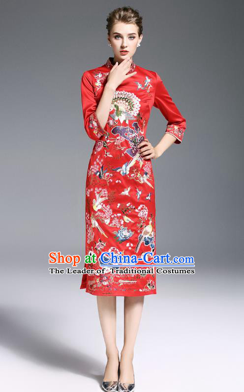 Top Grade Asian Chinese Costumes Classical Embroidery Red Plated Buttons Cheongsam, Traditional China National Slant Opening Embroidered Chirpaur Clothing for Women