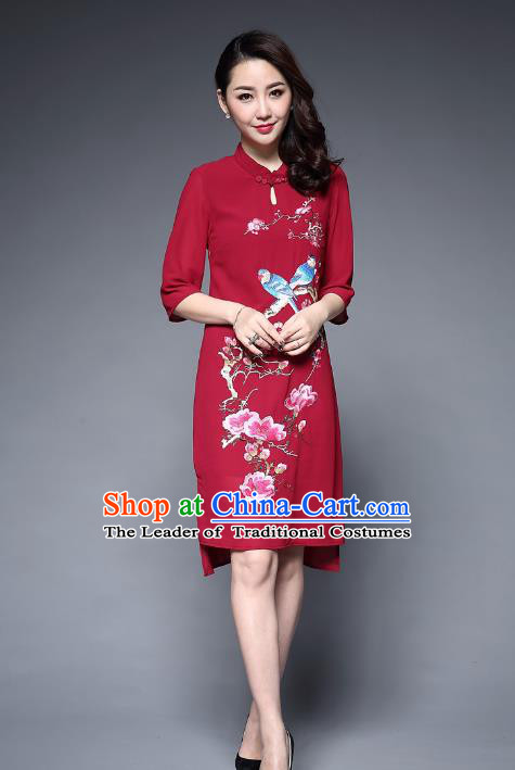 Top Grade Asian Chinese Costumes Classical Embroidery Birds Flowers Cheongsam, Traditional China National Chiffon Chirpaur Dress Red Qipao for Women