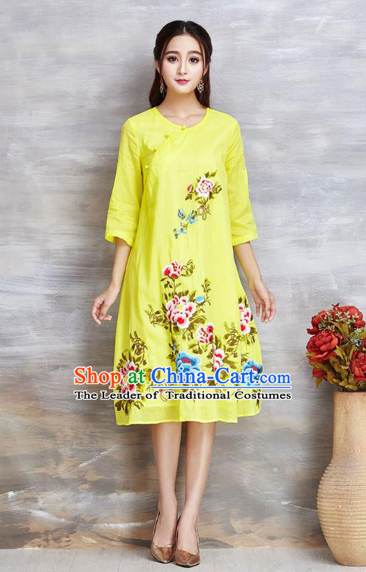 Top Grade Asian Chinese Linen Costumes Classical Embroidery Flowers Cheongsam, Traditional China National Yellow Plated Buttons Chirpaur Dress Qipao for Women