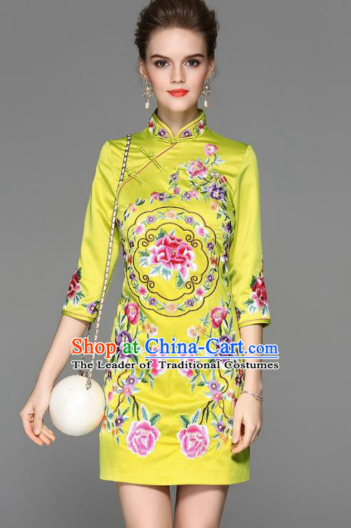 Top Grade Asian Chinese Costumes Classical Embroidery Peony Silk Yellow Cheongsam, Traditional China National Plated Buttons Chirpaur Dress Qipao for Women