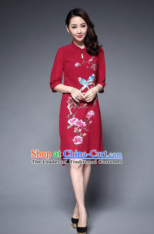 Top Grade Asian Chinese Costumes Classical Embroidery Birds Middle Sleeve Cheongsam, Traditional China National Plated Buttons Red Chirpaur Dress Qipao for Women