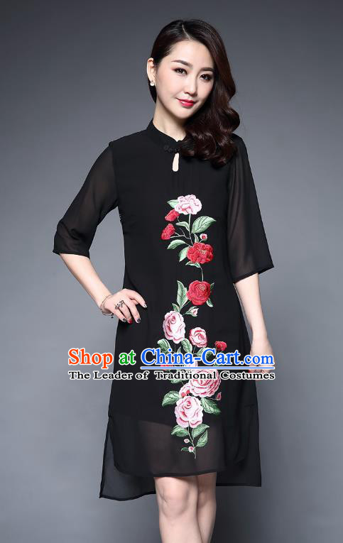 Asian Chinese Oriental Costumes Classical Embroidery Peony Black Chiffon Cheongsam, Traditional China National Tang Suit Plated Buttons Chirpaur Dress Qipao for Women