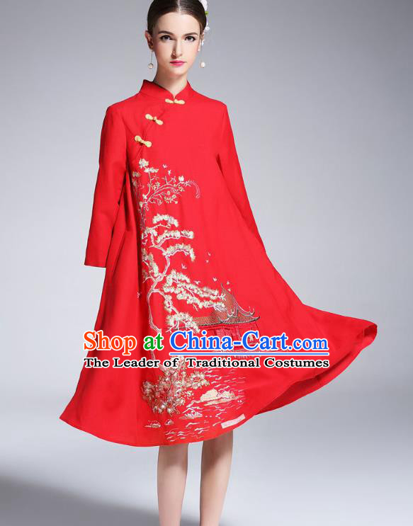 Asian Chinese Oriental Red Cheongsam Costumes, Traditional China National Embroidery Chirpaur Tang Suit Dress Qipao for Women