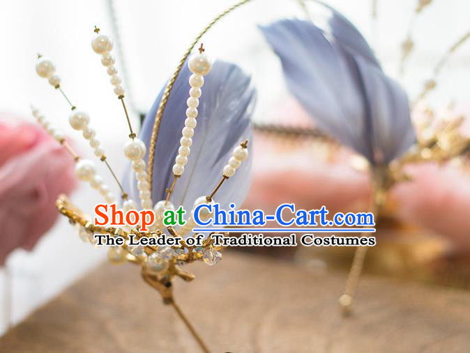 Top Grade Handmade Classical Hair Accessories Baroque Style Princess Pearls Blue Feathers Hair Clasp Headwear for Women
