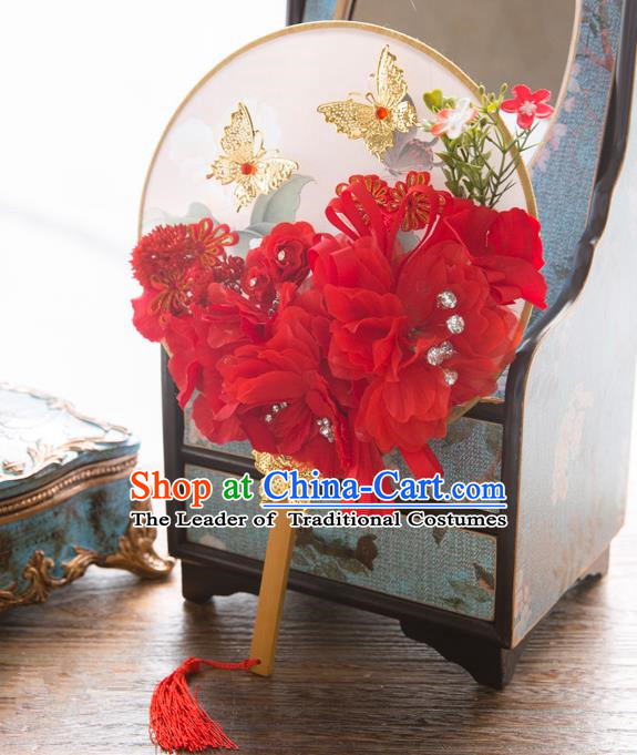 Traditional Asian Oriental Chinese Palace Lady Princess Wedding Round Fans, Bride Red Silk Flowers Circular Fan for Women