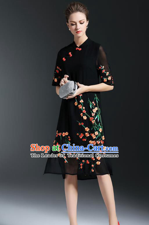 Asian Chinese Oriental Costumes Classical Embroidery Plum Blossom Black Cheongsam, Traditional China National Chirpaur Tang Suit Qipao Dress for Women