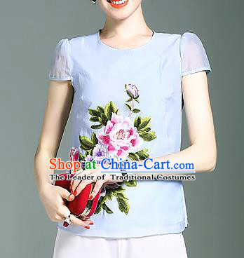 Asian Chinese Oriental Costumes Classical Embroidery Peony Cheongsam Upper Outer Garment, Traditional China National Chirpaur Tang Suit Plated Buttons Blue Blouse for Women