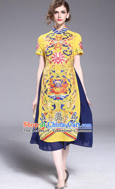 Asian Chinese Oriental Costumes Classical Embroidery Dragon Chiffon Yellow Cheongsam, Traditional China National Tang Suit Stand Collar Qipao Dress for Women