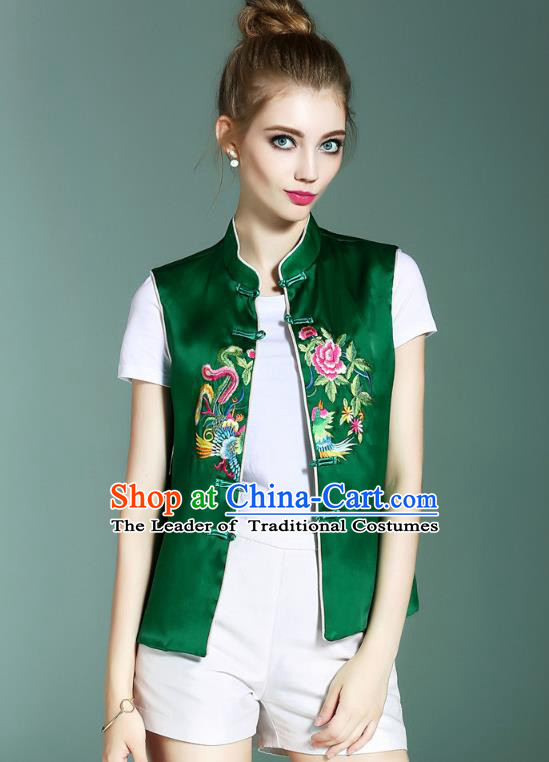 Asian Chinese Oriental Costumes Classical Palace Embroidery Green Vest, Traditional China National Chirpaur Tang Suit Plated Buttons Waistcoat for Women